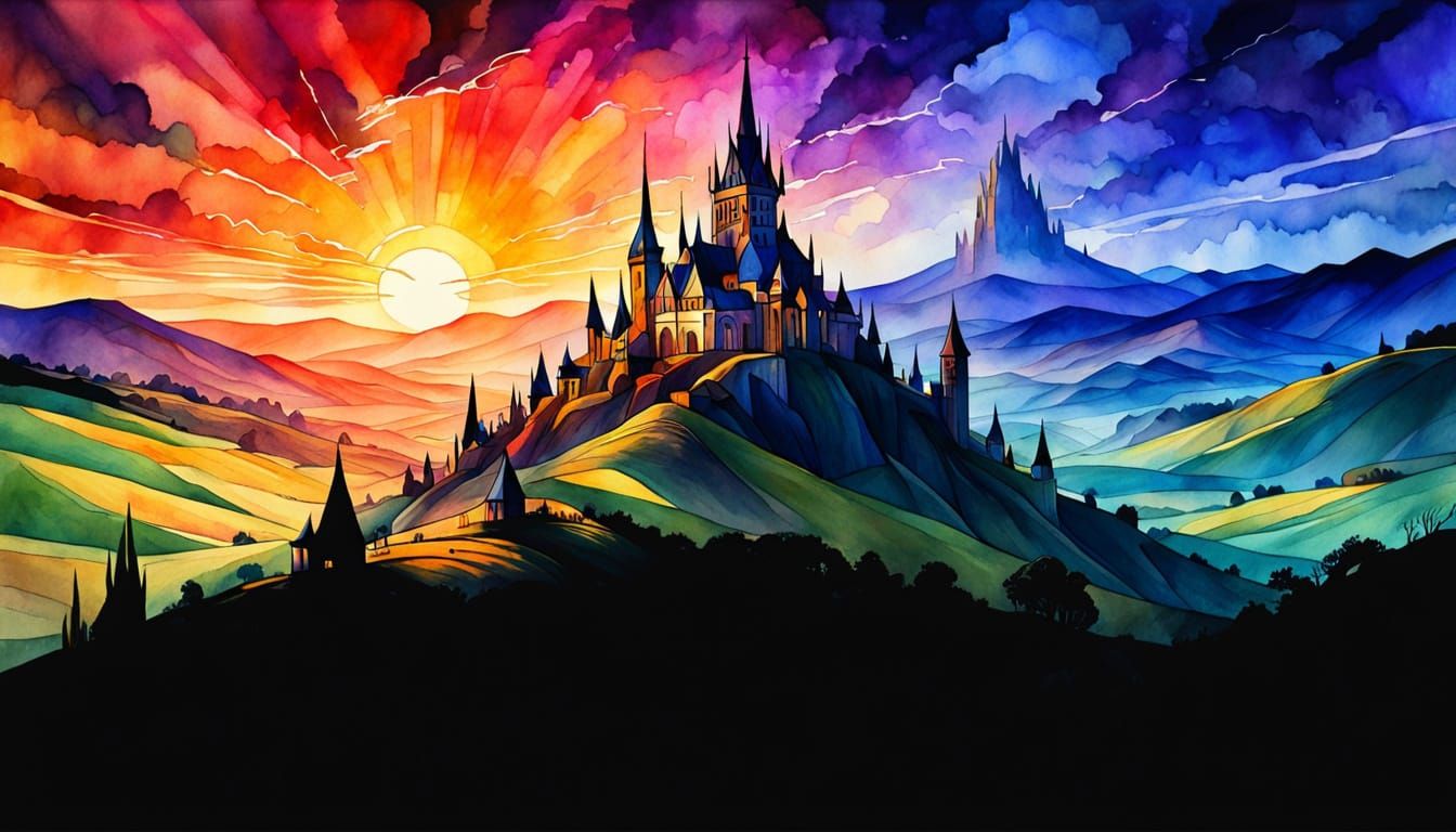 Fantasy Landscape in Watercolor with Golden Light