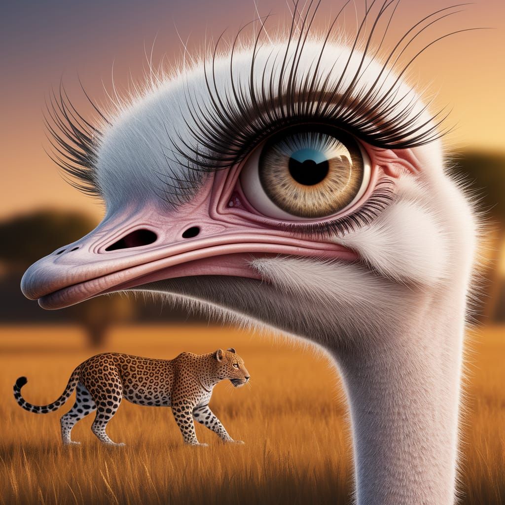Ostrich Eye Reflecting Leopard in Savannah