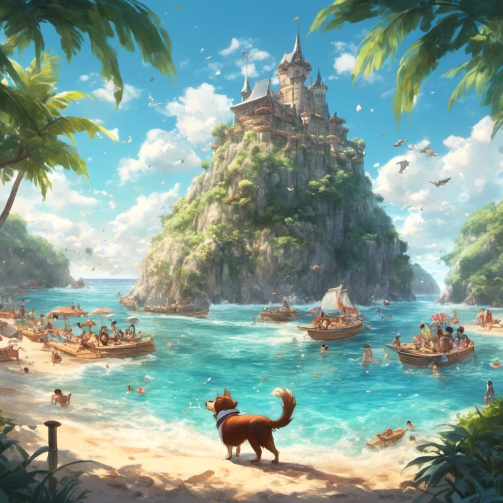 Anime Dog King on Beach in Manga Style