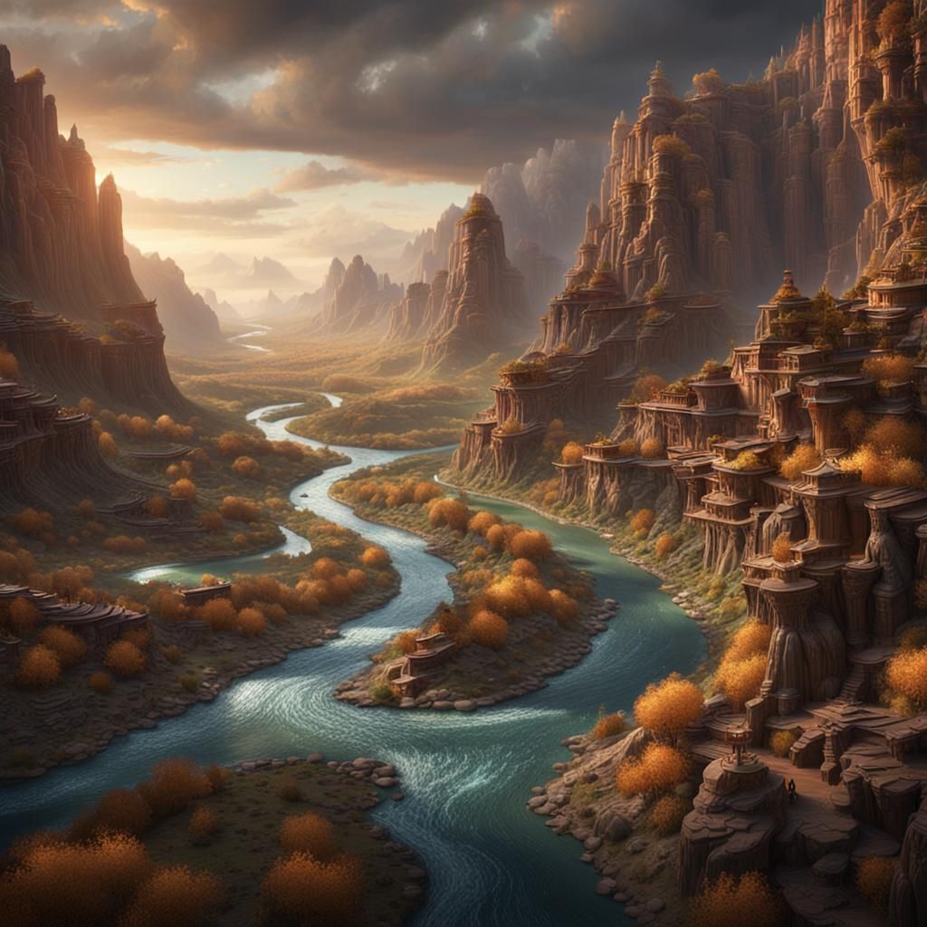 Winding River Through Valleys: Fantasy Concept Art