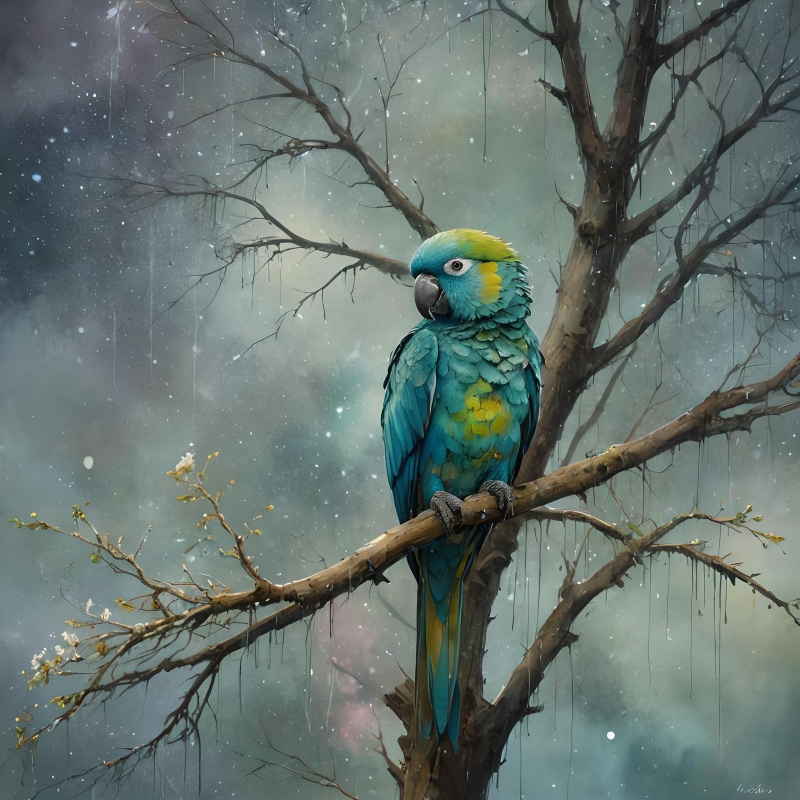 Vibrant Portrait of Tree, Parrot and Monkey in Watercolor