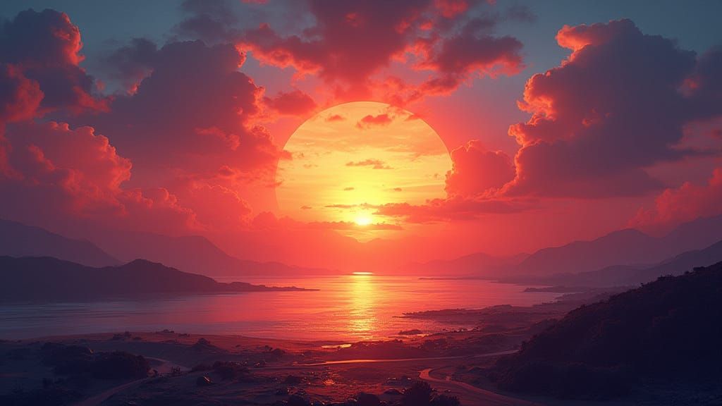 Vibrant Sunrise Landscape in Art Deco Style