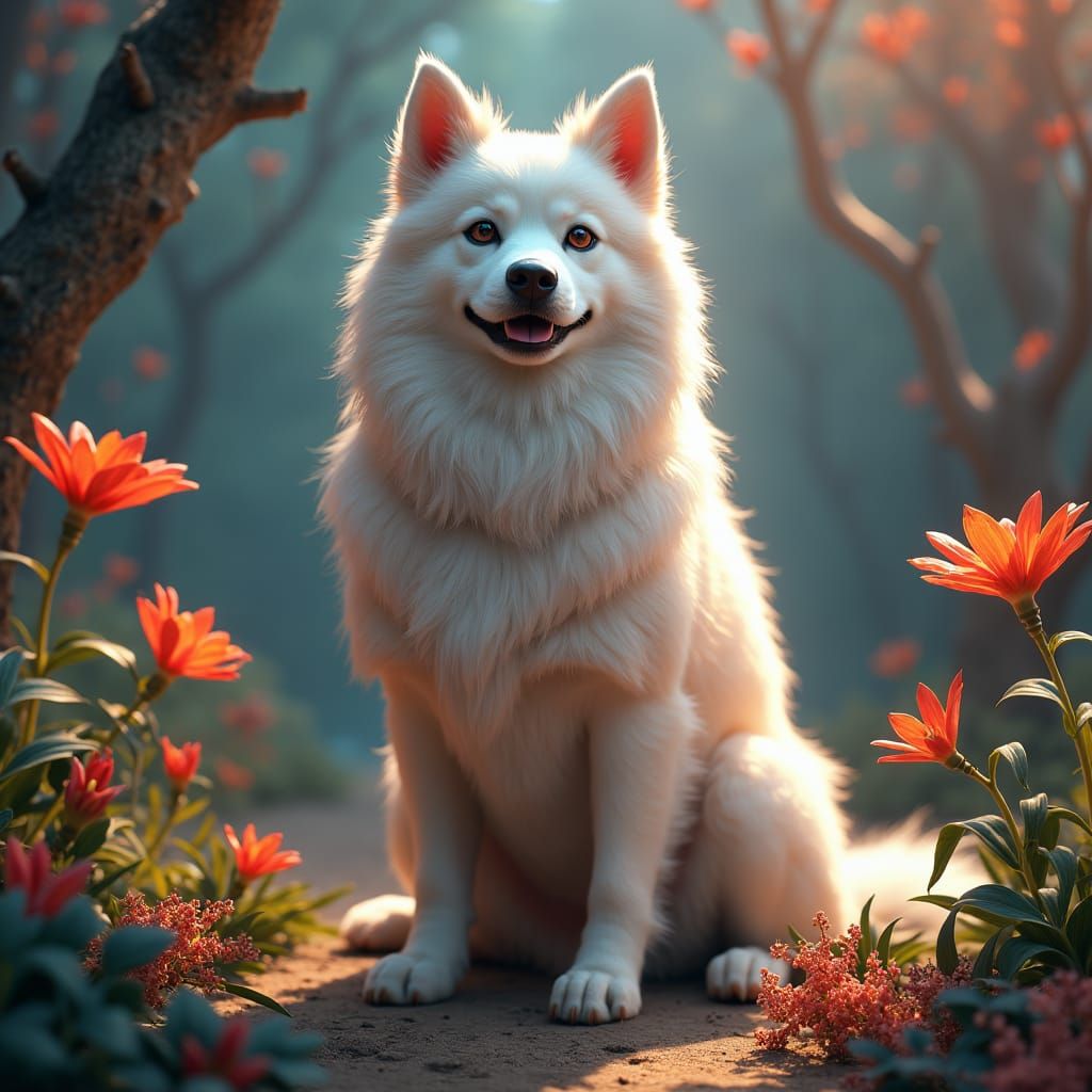 Majestic Fluffy Dog in Dreamlike Fantasy Realm