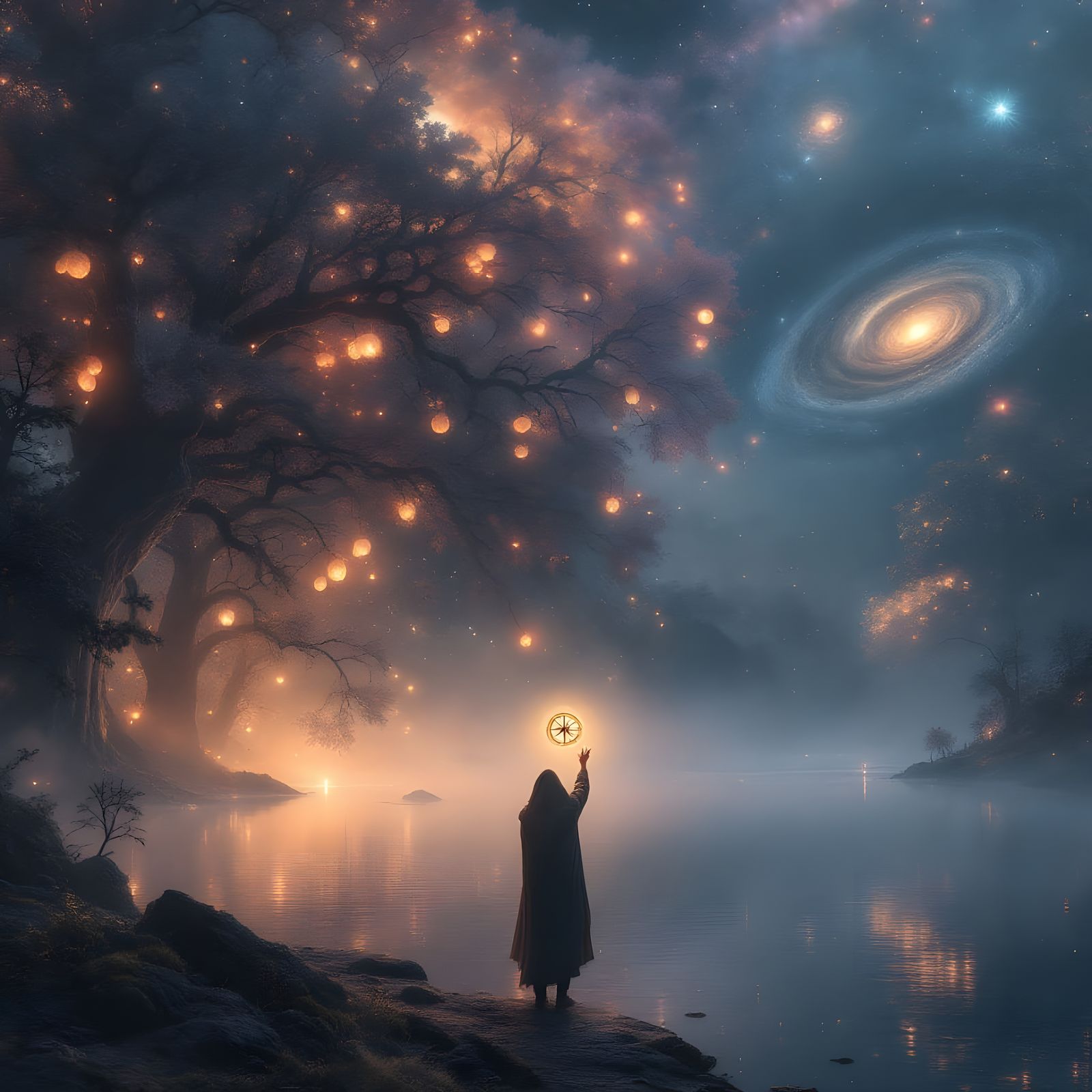 Ethereal Landscape with Glowing Trees and Galaxies