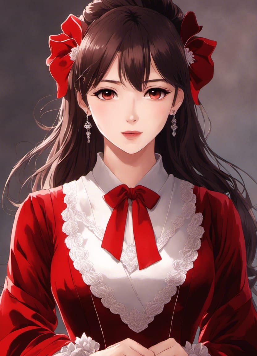Anime Style Portrait of Woman in Red Dress
