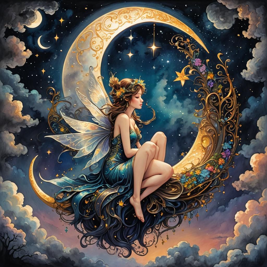 Night Fairy on Crescent Moon in Acid Inks