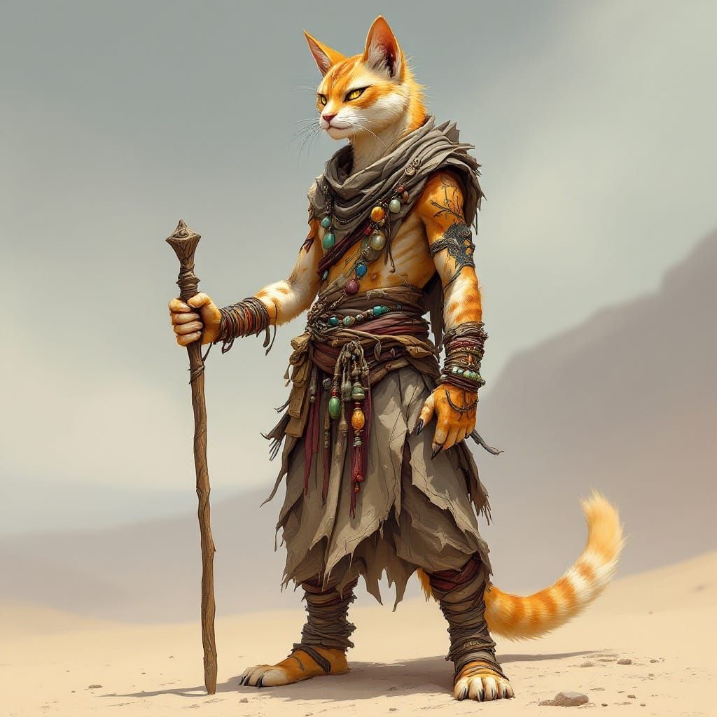 Tabaxi Monk in Desert, Fantasy Art Style