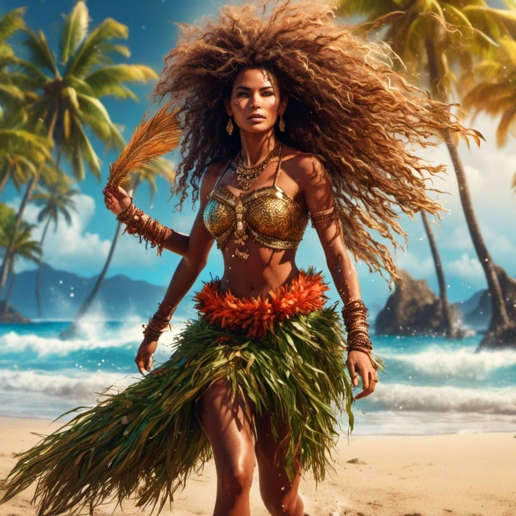 Hawaiian Woman on Beach in Fantasy Art Style