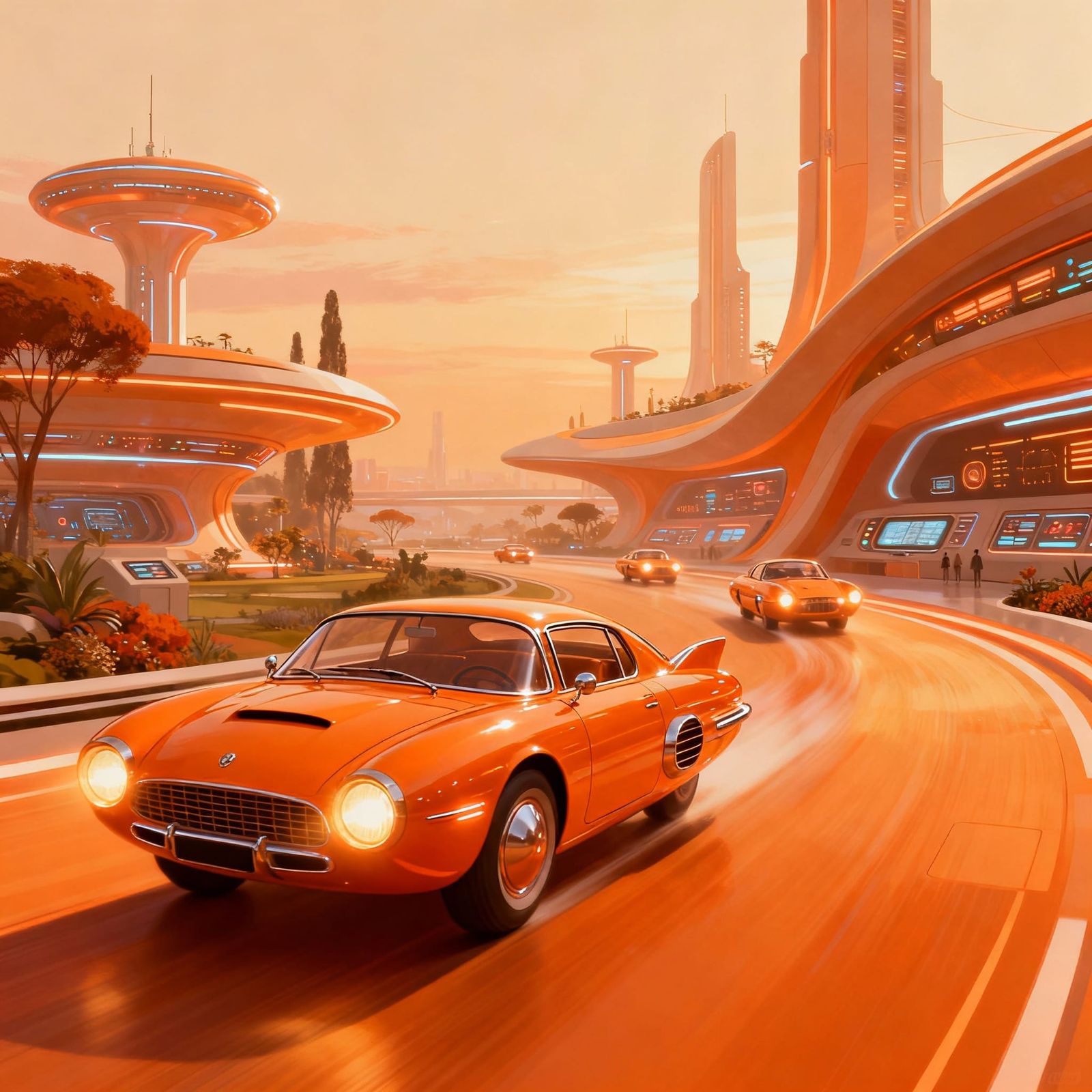 Retro Sci-Fi Vehicles Glide Through Utopian Cityscape in Ora...