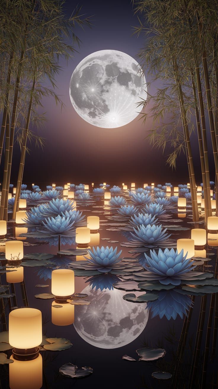 Mystical Blue Lotus Flowers Under Full Moon with Lanterns