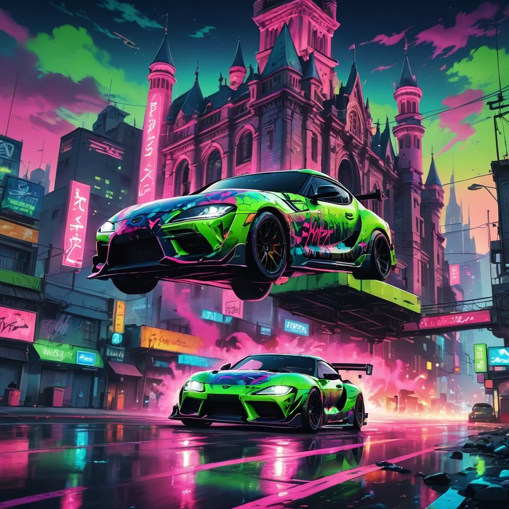 Graffiti-Covered Supra Racing at Night in Neon Fantasy