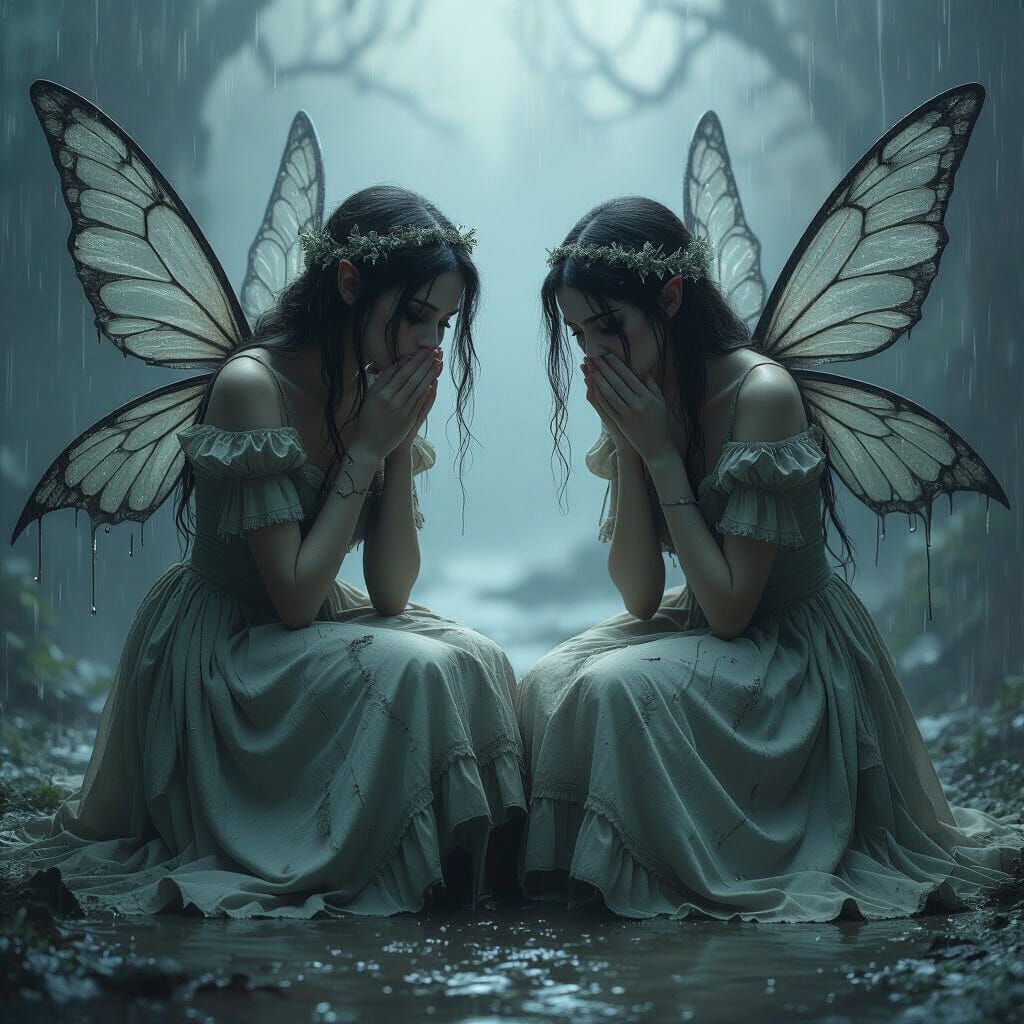 Sad Fairies Crying in Gothic Darkness, Digital Art