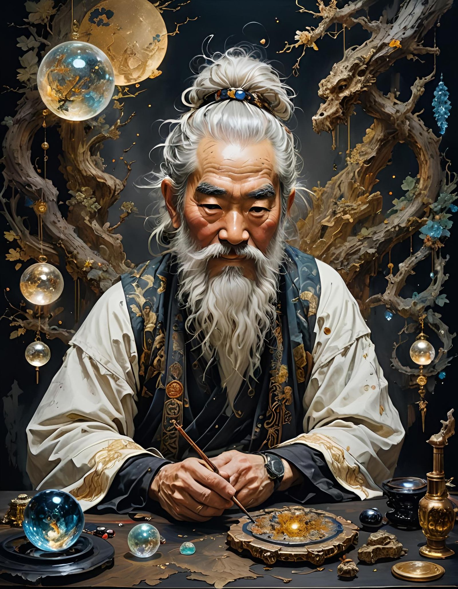 Intricate Japanese Master Teaching Apprentice with Magic