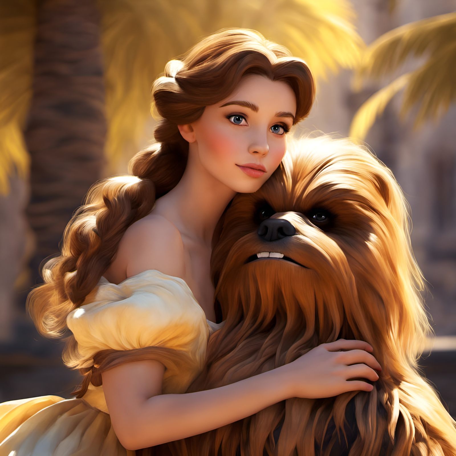 Belle and Chewbacca Portrait in Sculptural Style