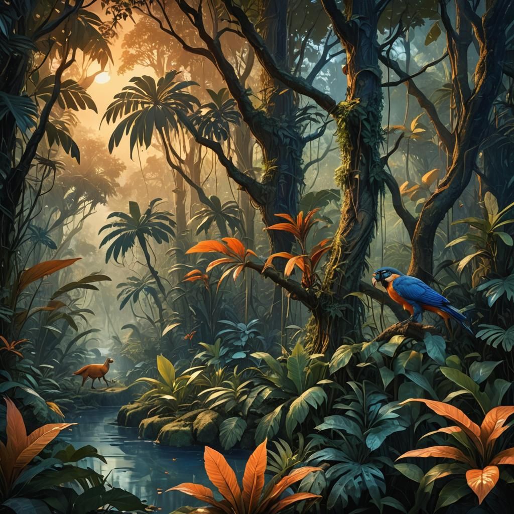 Lush Jungle Fantasy Art with Exotic Wildlife
