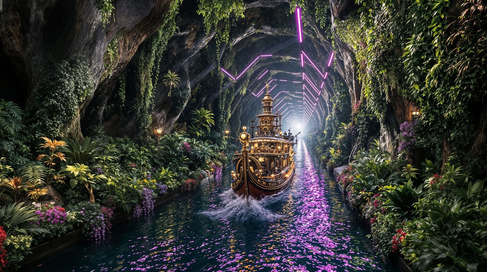 Steampunk Gondola in a Lush Jungle Tunnel