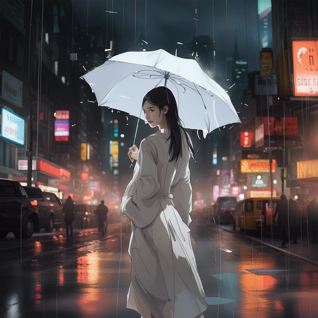 Rainy Night Cityscape with Woman in White Dress