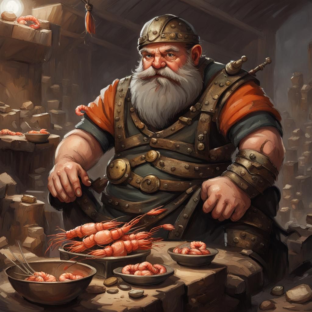 Dwarf Blacksmith Eating Prawns in Mess Hall