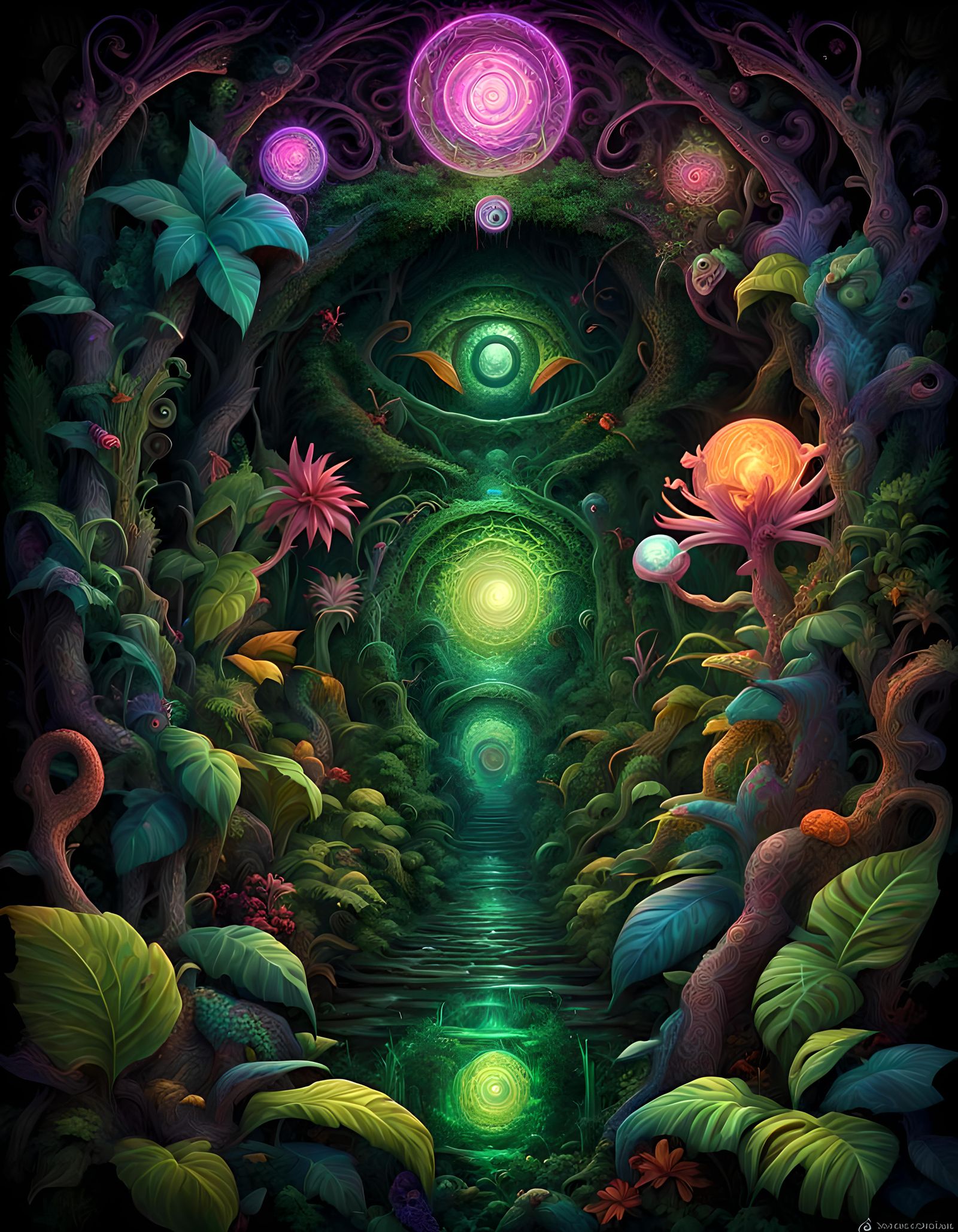 Psychedelic Jungle with Spirals, a 3D Fantasy Picture
