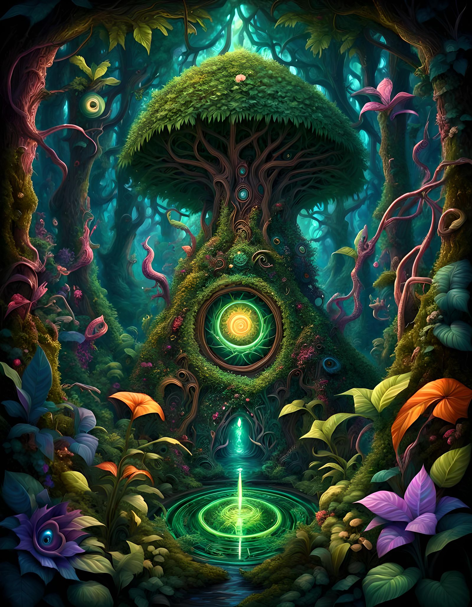 Psychedelic Jungle with Mystical Creature in 3D