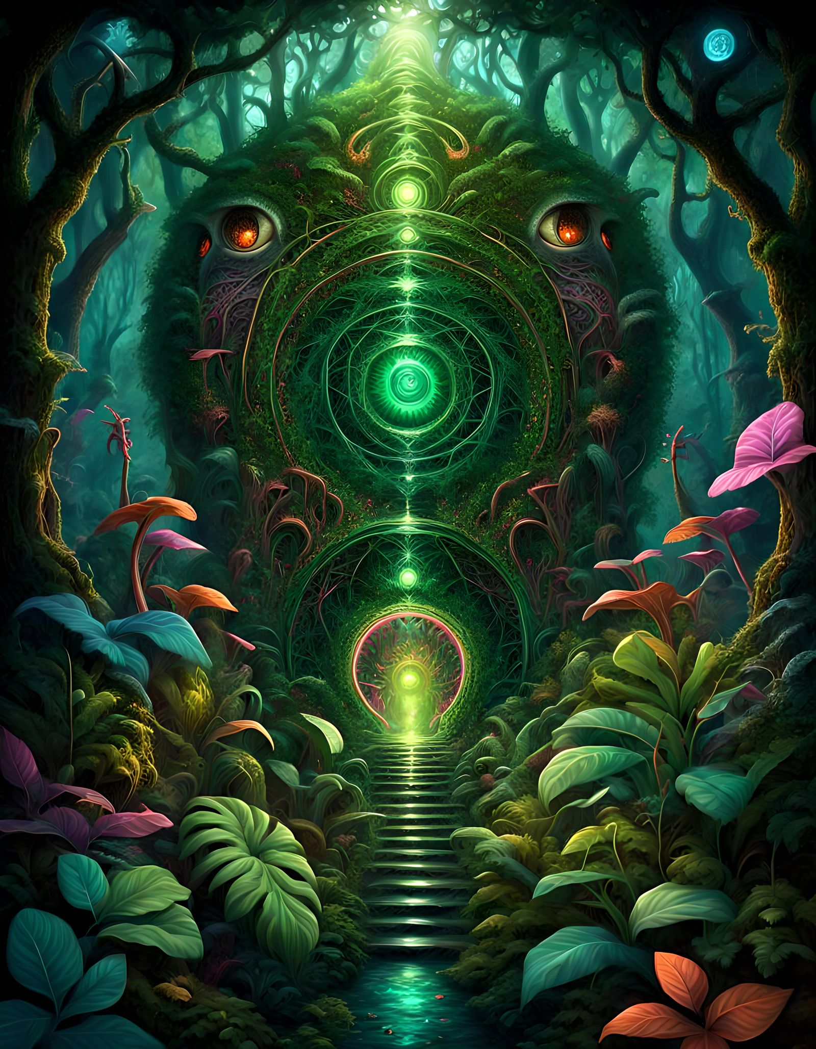 Psychedelic Jungle with Mystical Creature in 3D