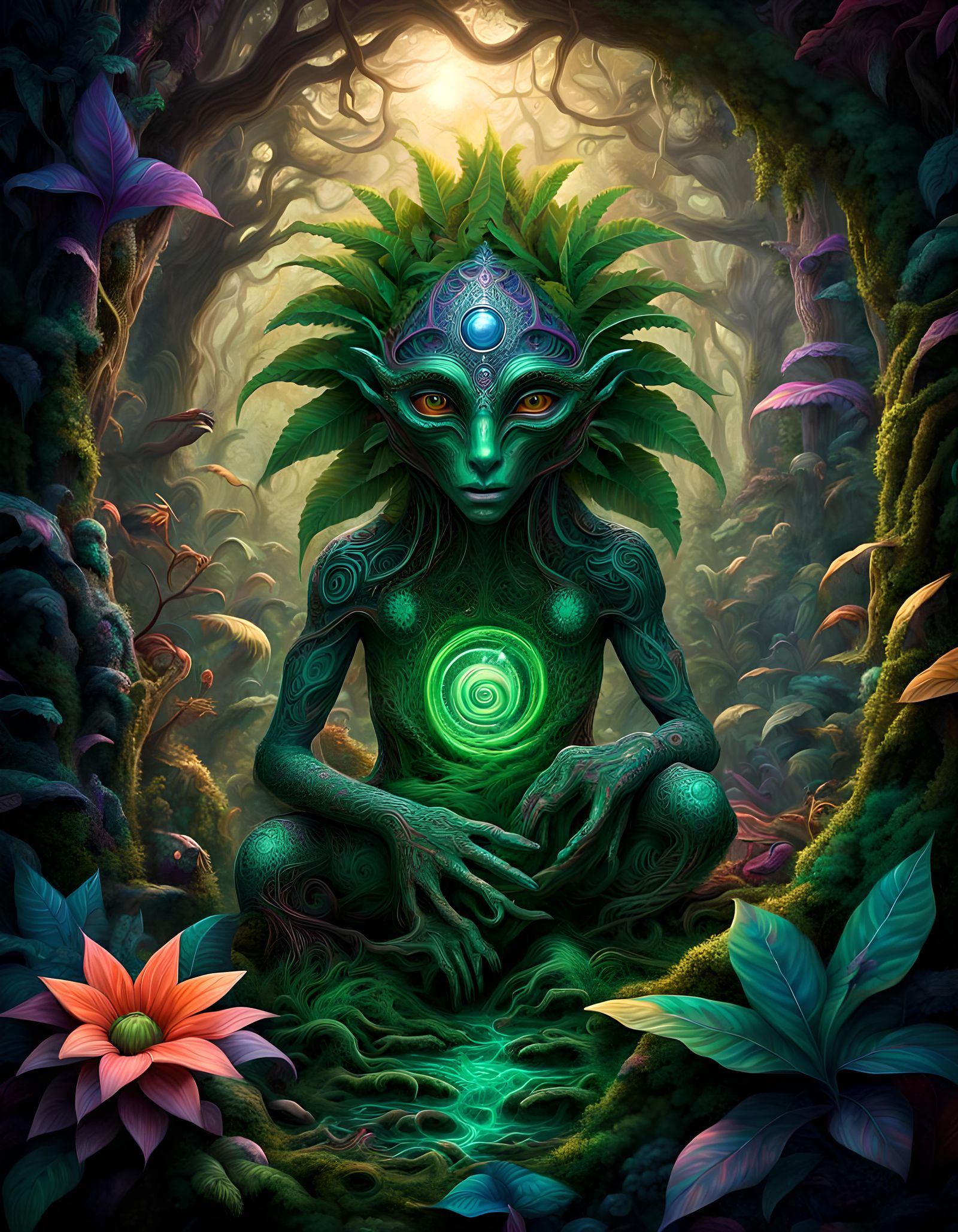 Psychedelic Jungle with Magical Creature in 3D Fantasy