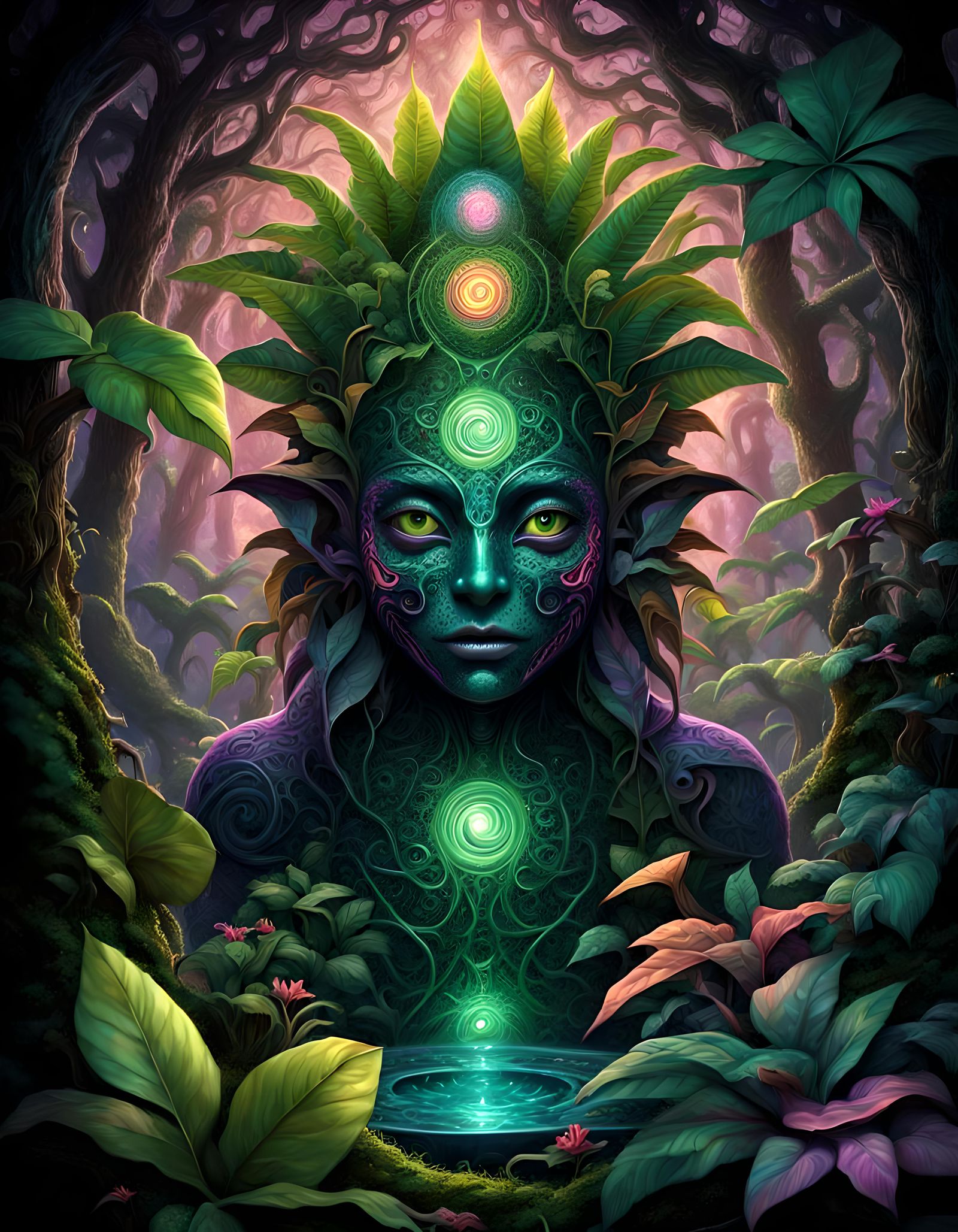 Psychedelic Jungle with Mystical Creature in 3D Fantasy Art