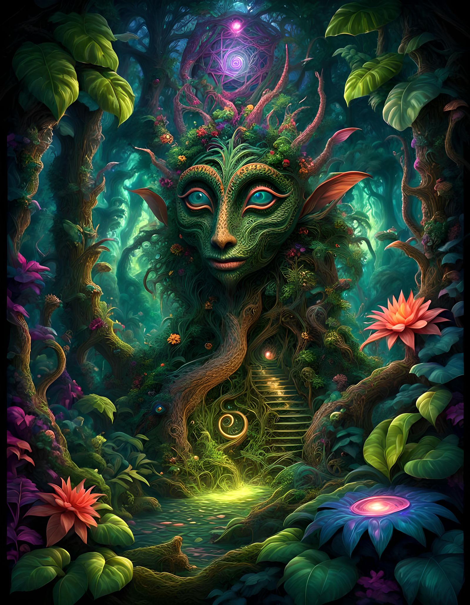 Psychedelic Jungle with Mystical Creature in 3D Fantasy Art