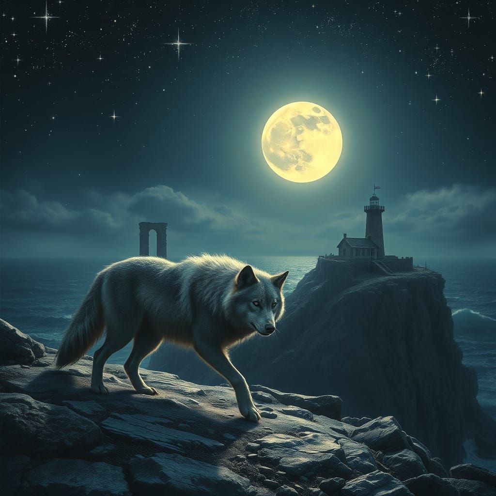 Majestic Timberwolf Under Full Moonlight on Windswept Cliff