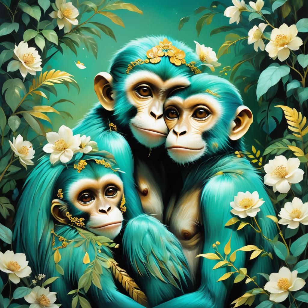smiling two turquoise  monkeys  lovers night