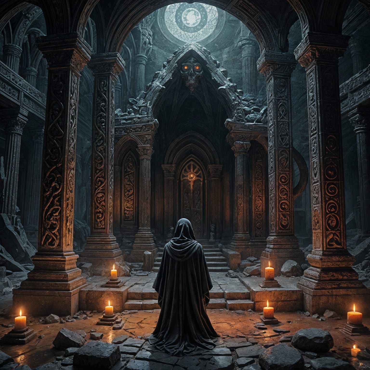 Ancient Altar in Forgotten Temple with Cosmic Horror Aesthet...