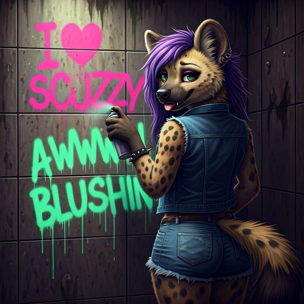 Blushing She-Hyena Spray-Paints Romantic Message in Grimy Re...