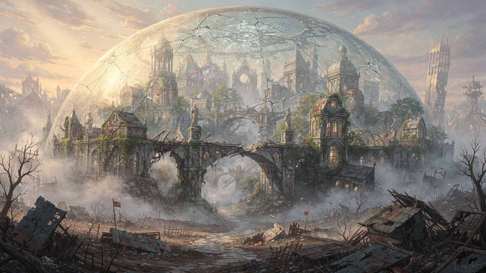Post-Apocalyptic World Beneath Glass Dome in Ethereal Fantas...