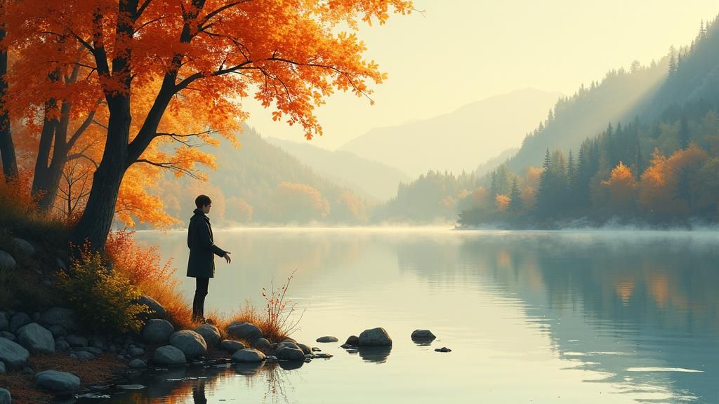 Autumn Lake Stone Skipping, Dreamlike Digital Painting