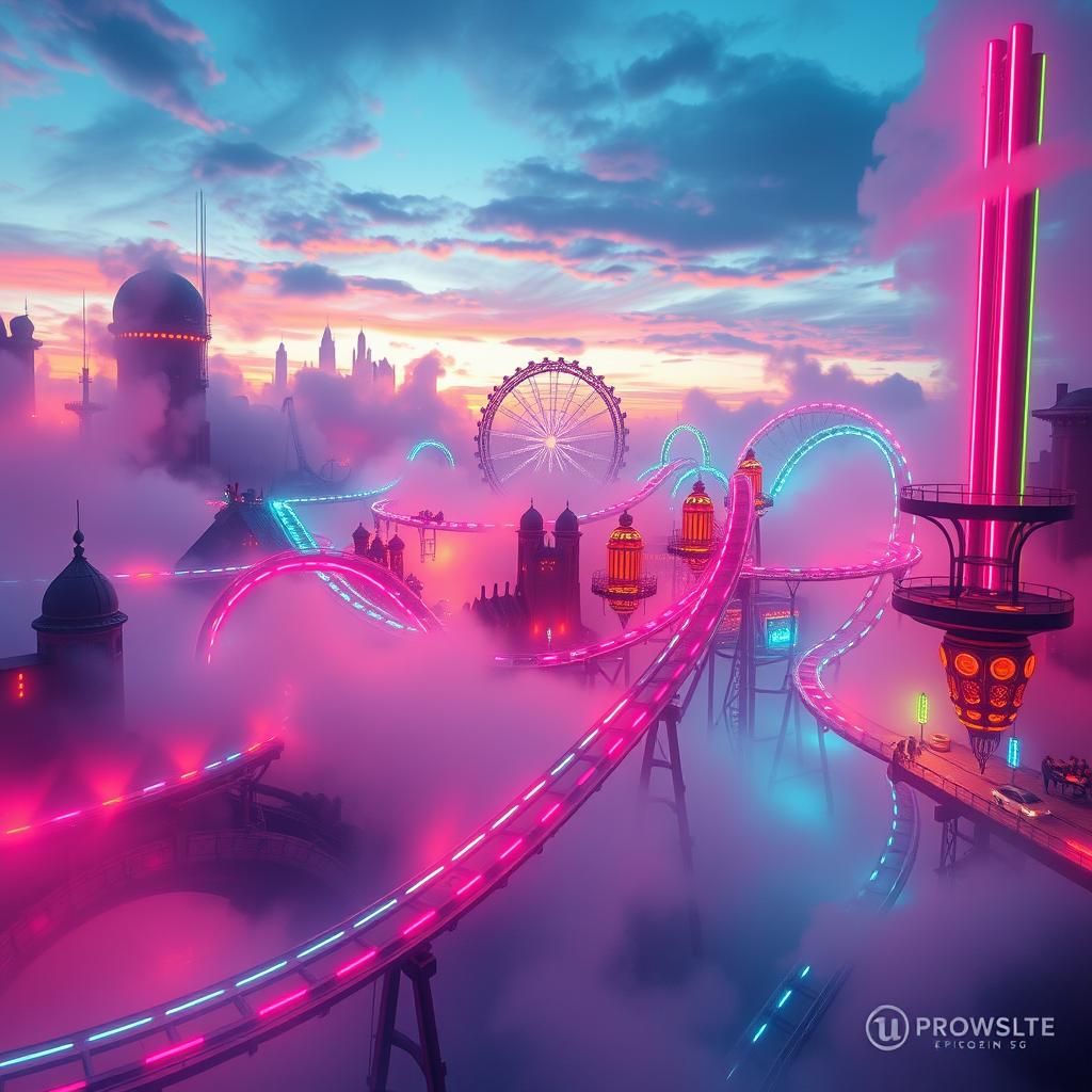 Electro-Luminescent Neon Rollercoaster in Dreamlike Cityscap...
