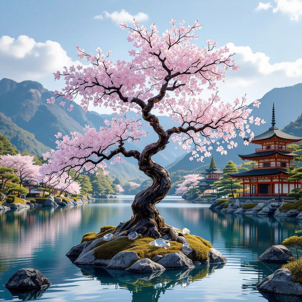 Glass Sakura Tree Beside Lake with Temples