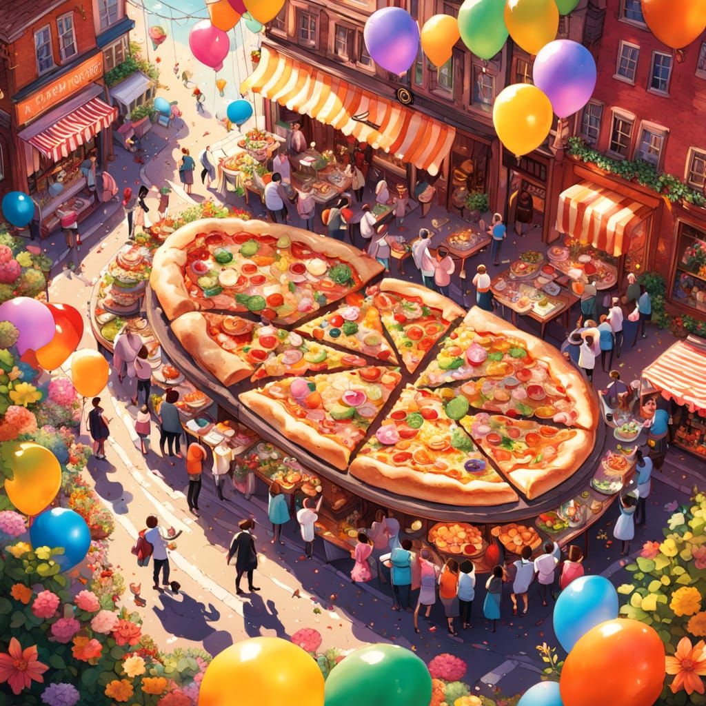 Joyful Town Celebration with Giant Pizza