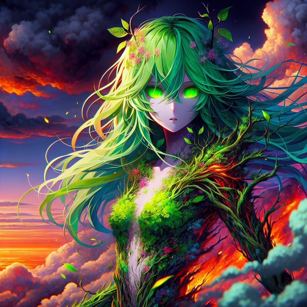 Anime Dryad Walking Through Smoky Fire