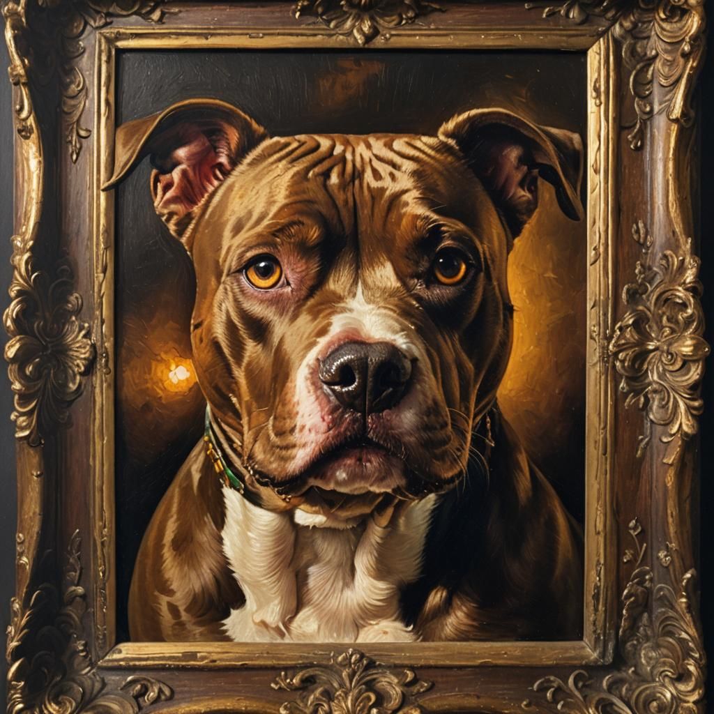 Pitbull Portrait in Rembrandt Style, Oil on Canvas