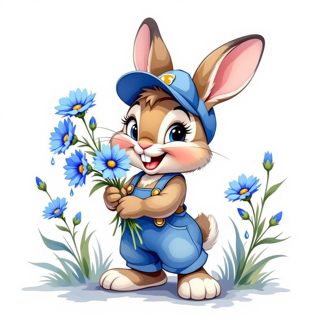 Smiling Cartoon Rabbit with Cornflowers in Watercolor Style