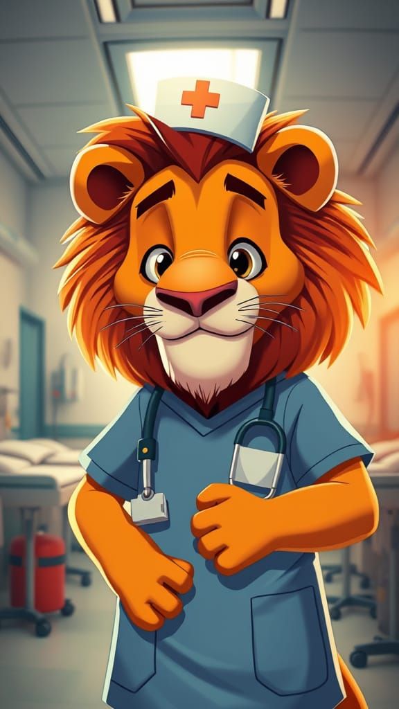 Cartoon Lion Nurse in Hospital: Cinematic Still