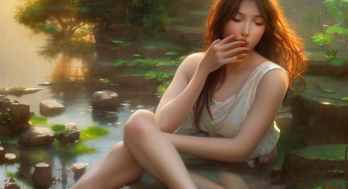 Maiden Drinking at Fountain in Magical Zen Garden