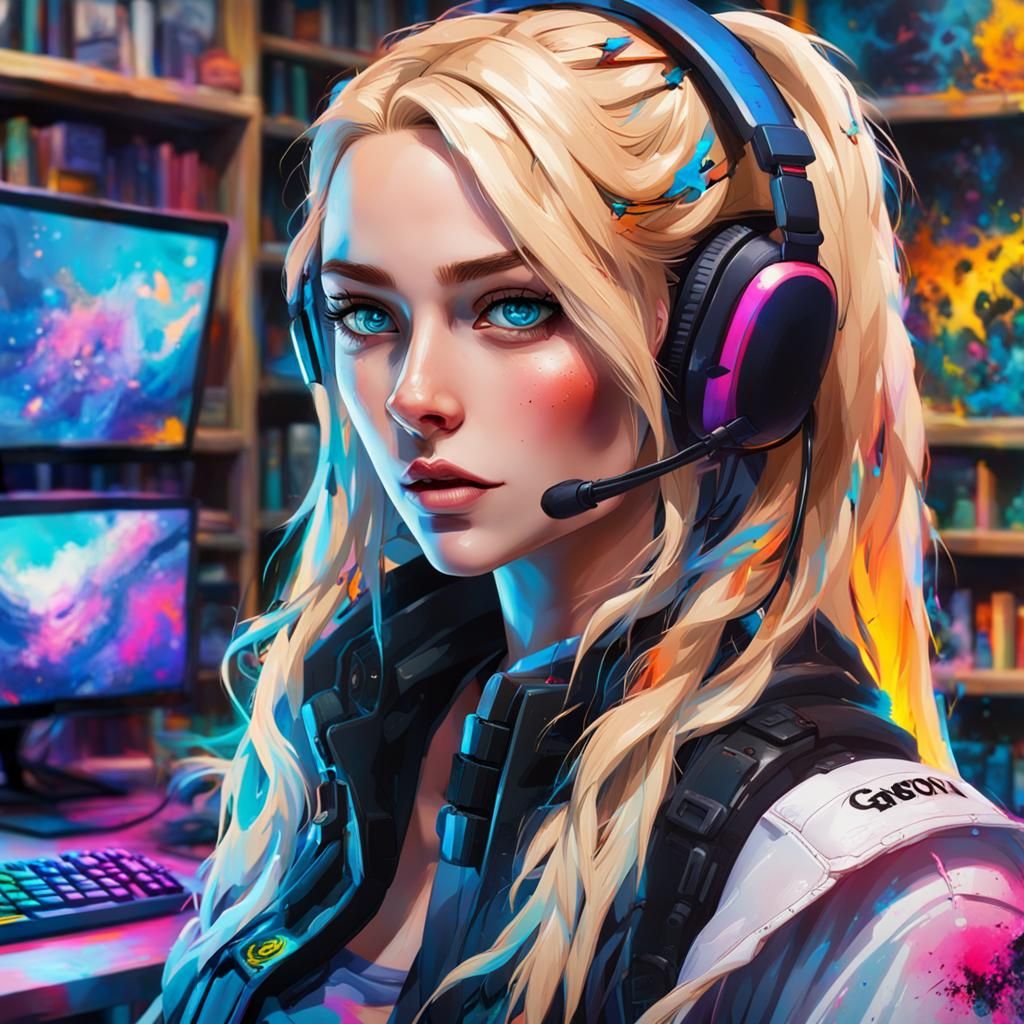 Close up pretty gamer girl with blonde hair