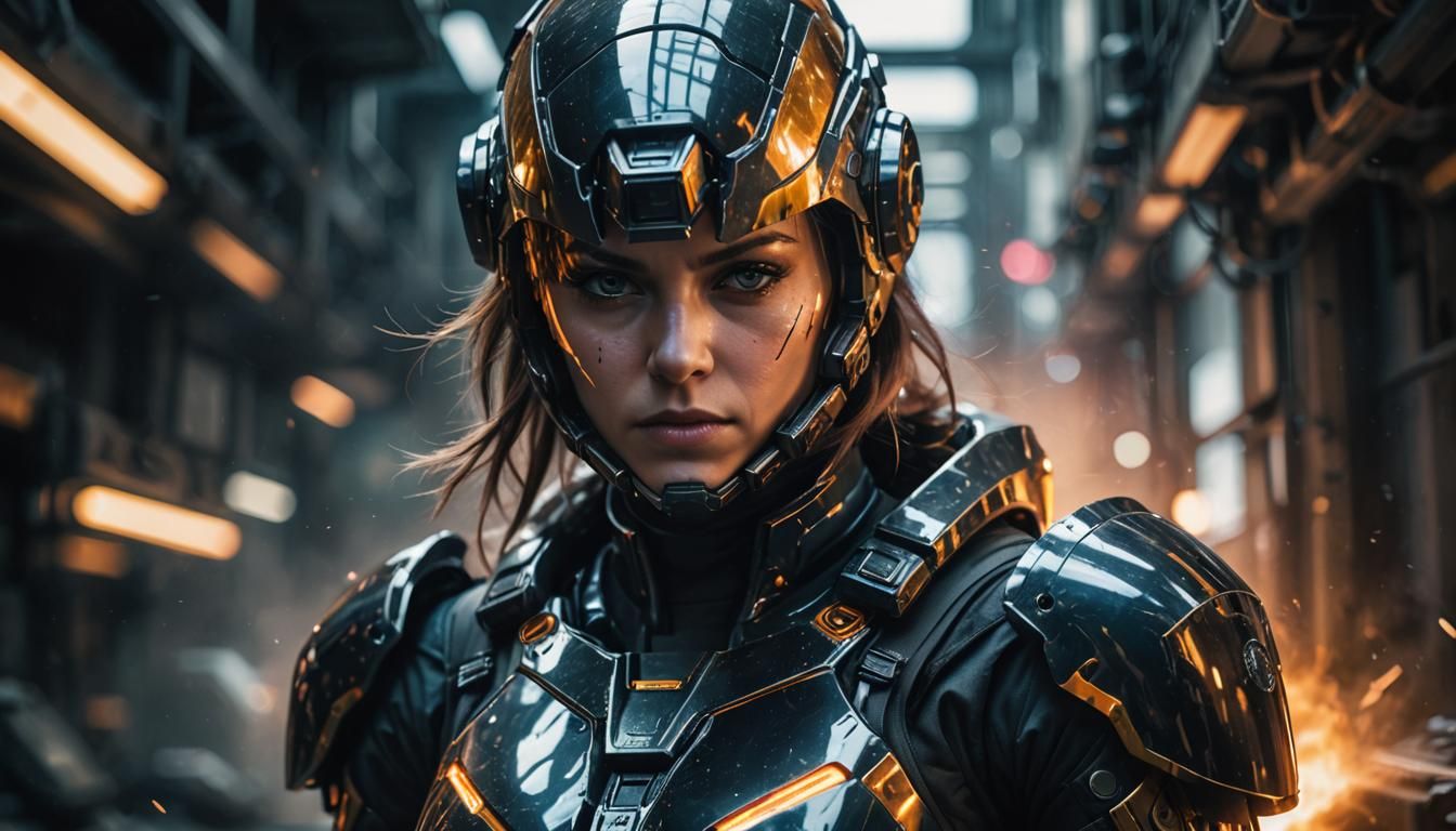 Sinister Female Space Mercenary in Double Exposure Style