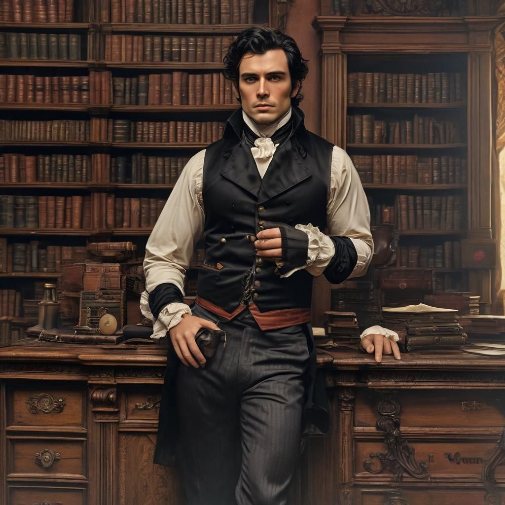 Regency Gentleman Surrounded by Books, Dramatic Lighting