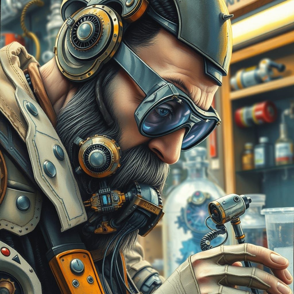 Steampunk Alchemist Works on Futuristic Mechanical Cleaner R...