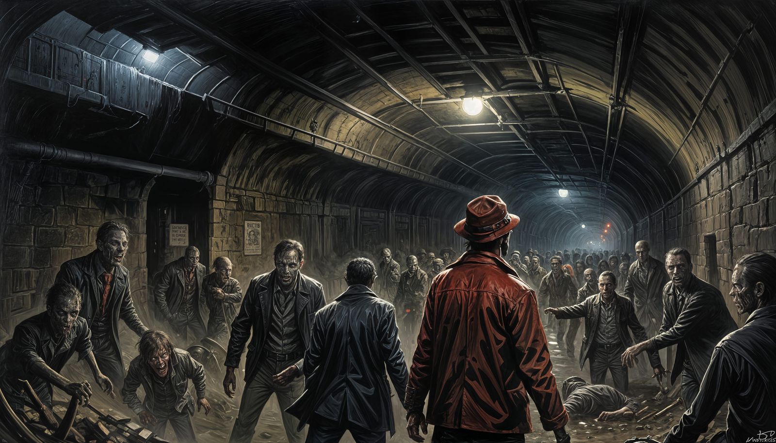 Noir Zombie Horror Acrylic Painting in Sewers