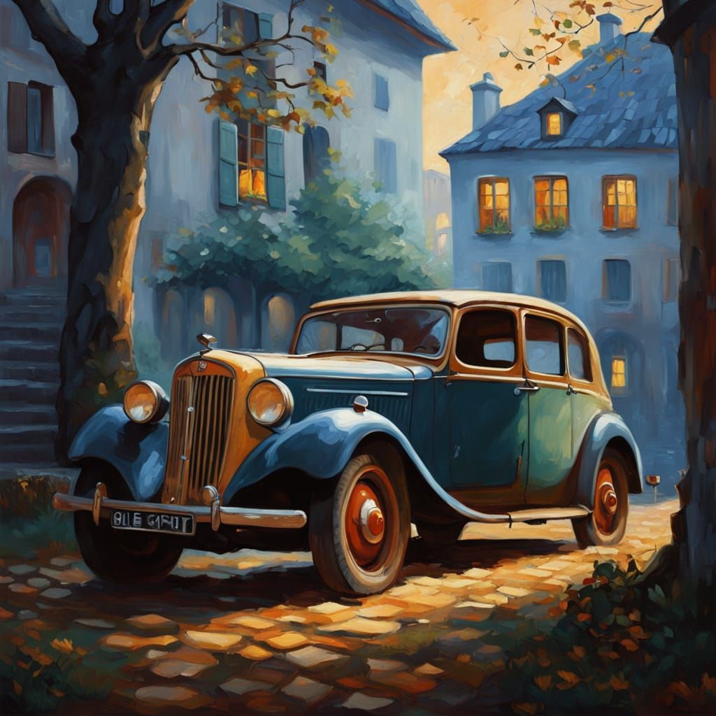 Vibrant Village Square with Oldtimer Car in Warm Golden Ligh...