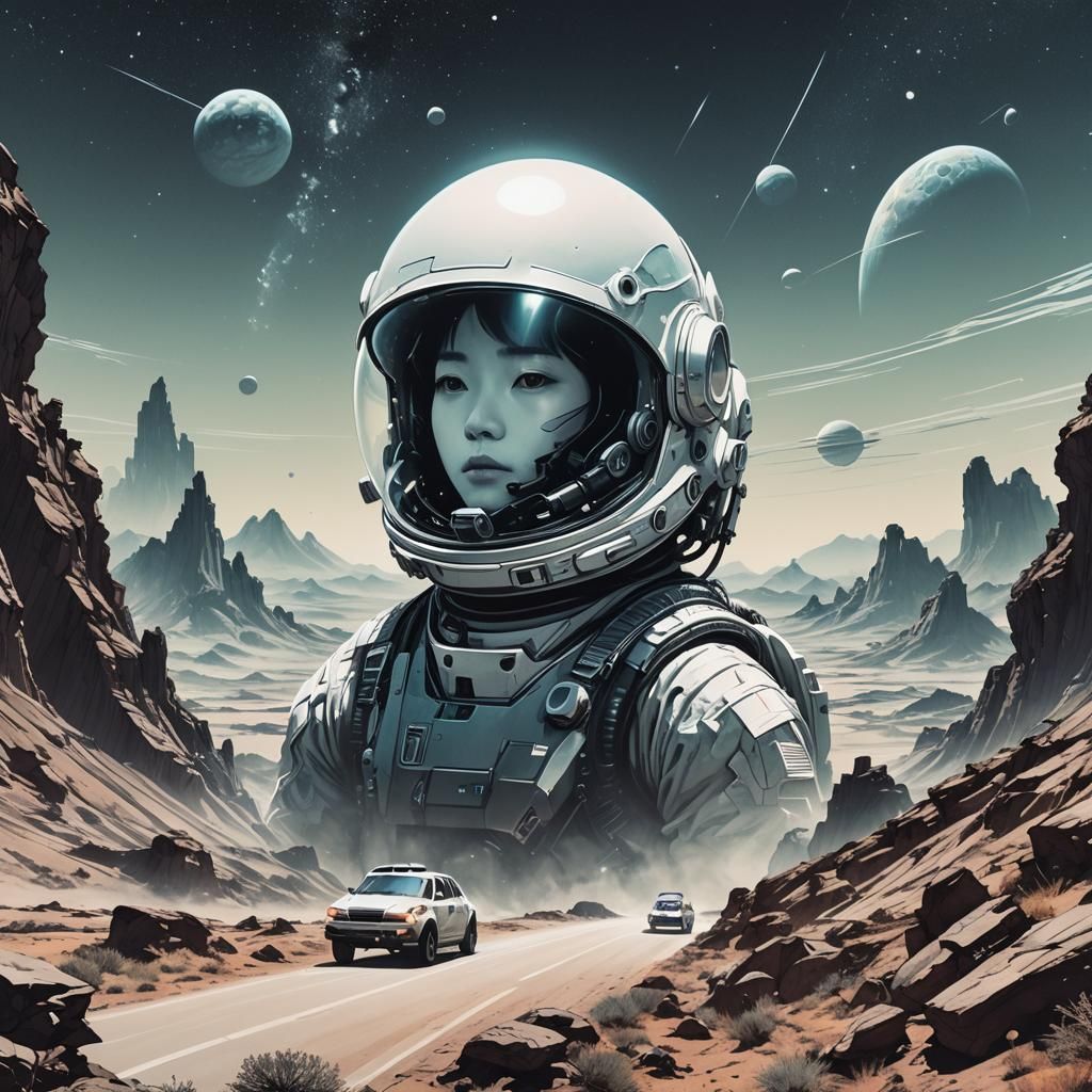 Futuristic Car and Astronaut Double Exposure Art