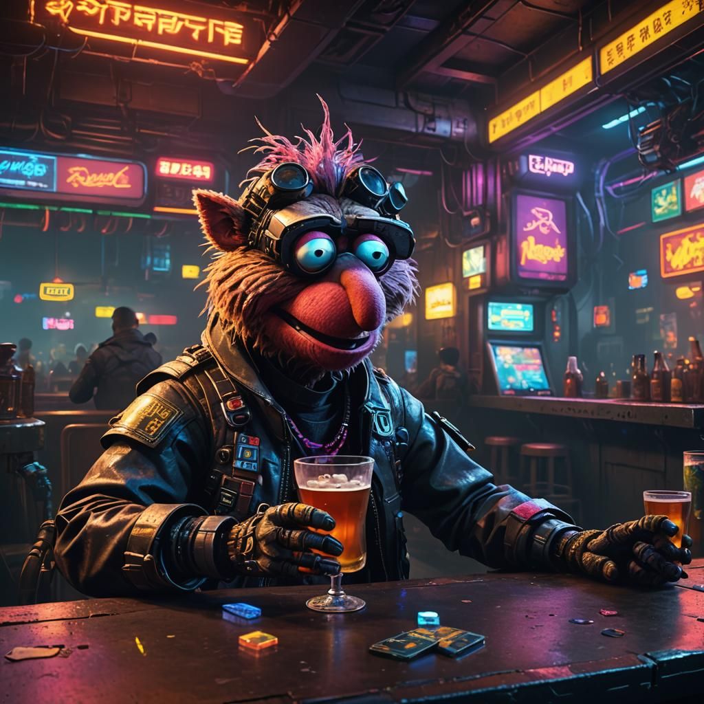 Cyberpunk Muppet Enjoying Ale in Space Bar